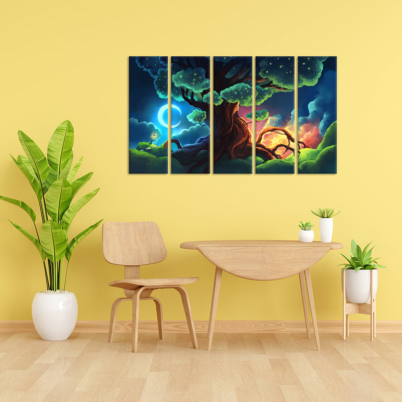 Illustration Tree Canvas Wall Painting - With 5 Panel