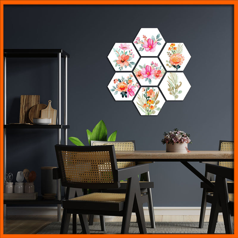 Bohemian Modern Flowers Hexagonal Canvas Wall Paintings - 7pcs
