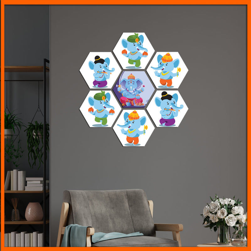 Cute Little Ganesha Hexagonal Canvas Wall Painting