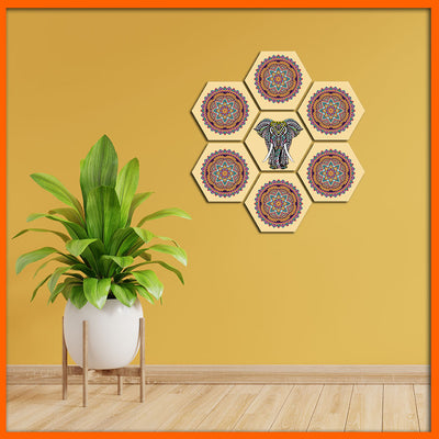 Mandala Pattern Elephant & Flower Hexagonal Canvas Wall Painting - 7pcs