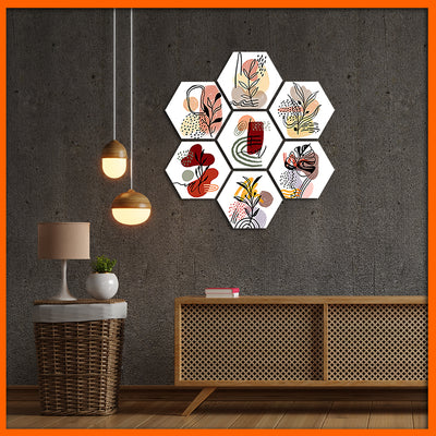 Boho Flowers Hexagonal Canvas Wall Painting - 7pcs