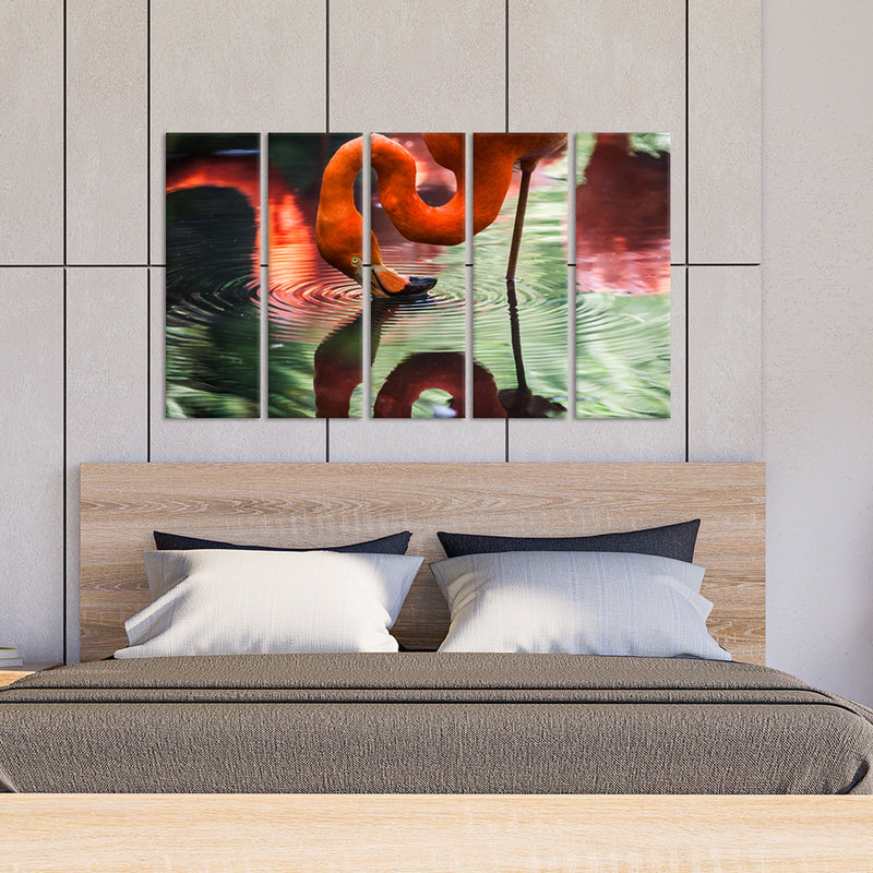 A Pink Flamingo Drinking Water Canvas Wall Painting - With 5 Panel