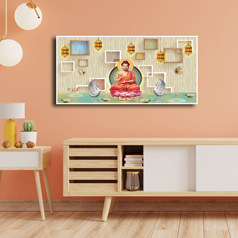 Buddha On Lotus With Swans Floating Canvas Wall Painting