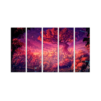 Midnight Tree With Light Scenery Canvas Wall Painting - With 5 Panel