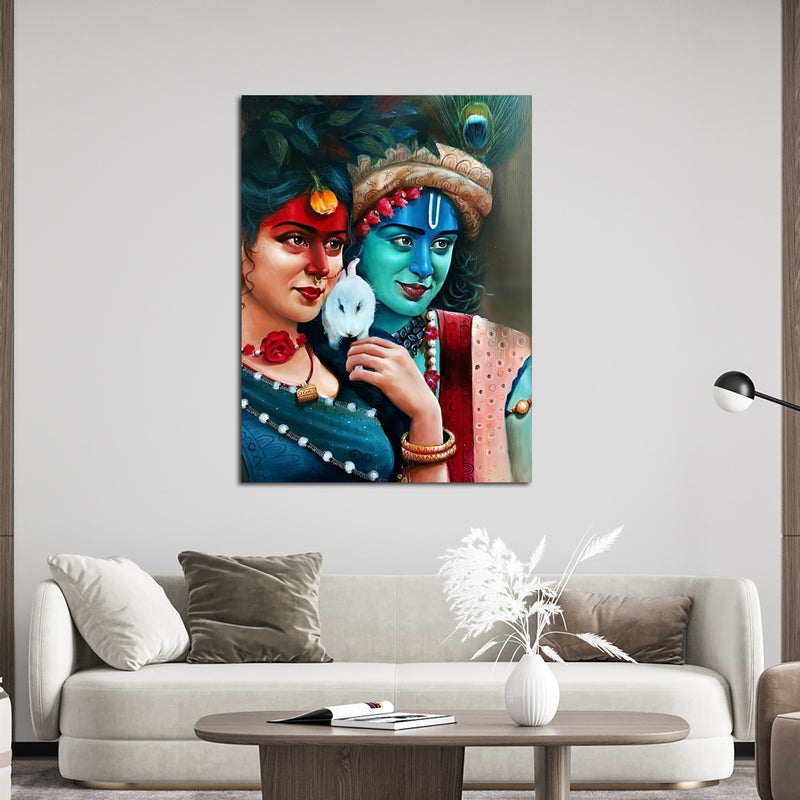 Colorful Radha Krishna Portrait Canvas Wall Painting