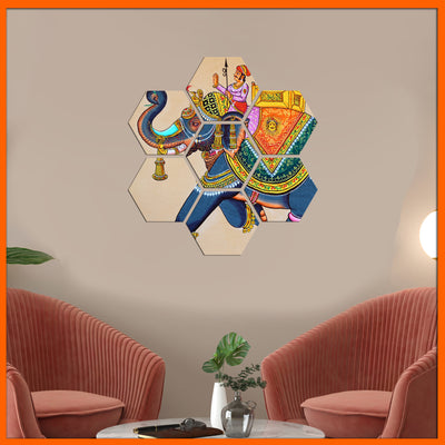 Madhubani Elephants Hexagonal Canvas Wall Painting