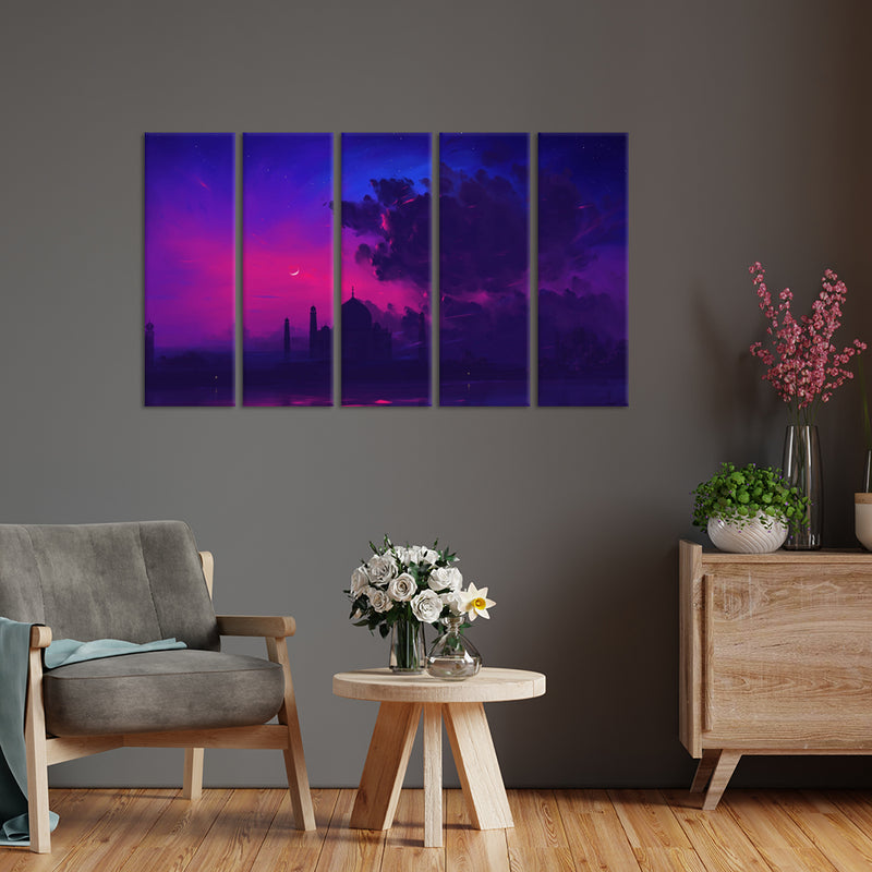 Abstract Painting Of Taj Mahal Canvas Wall Painting - With 5 Panel