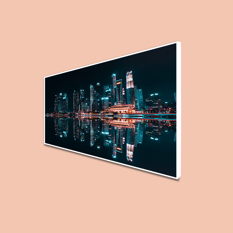 City Reflection At Night Canvas Floating Frame Wall Painting