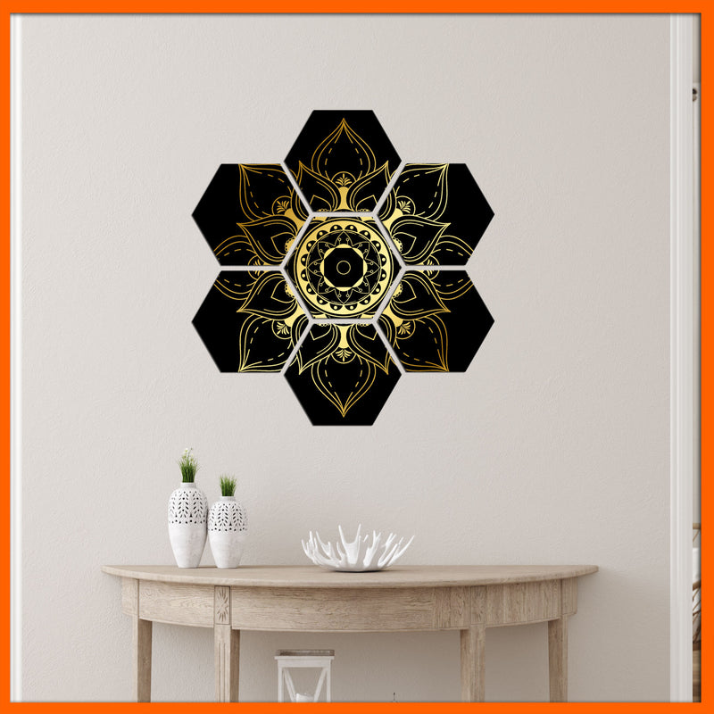 Golden Flower On Black Background Hexagonal Canvas Wall Painting - 7pcs