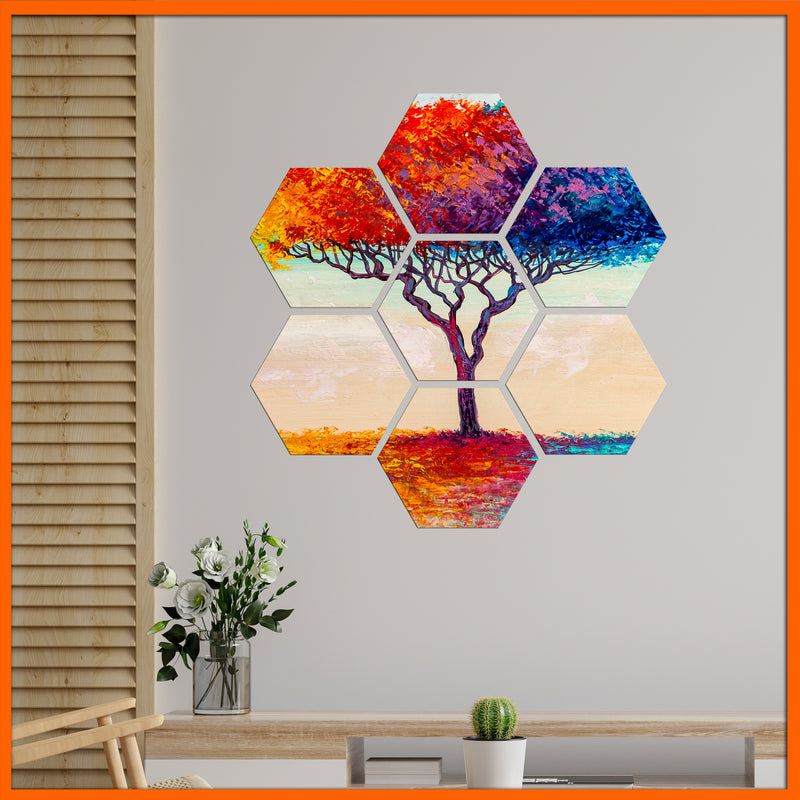 Multi color Tree Hexagonal Canvas Wall Painting