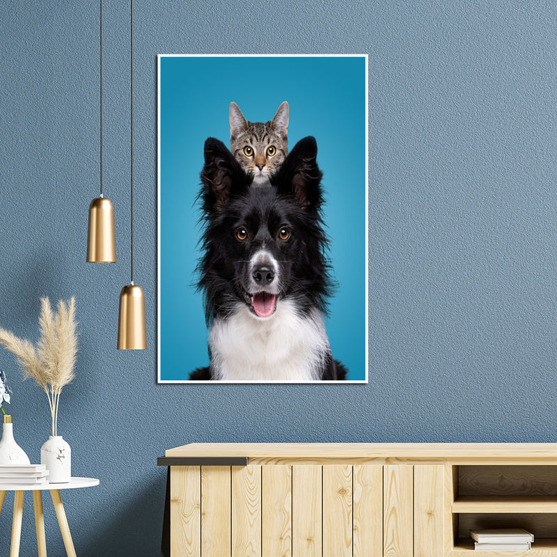 Dog With A Hiding Cat Floating Frame Canvas Wall Painting