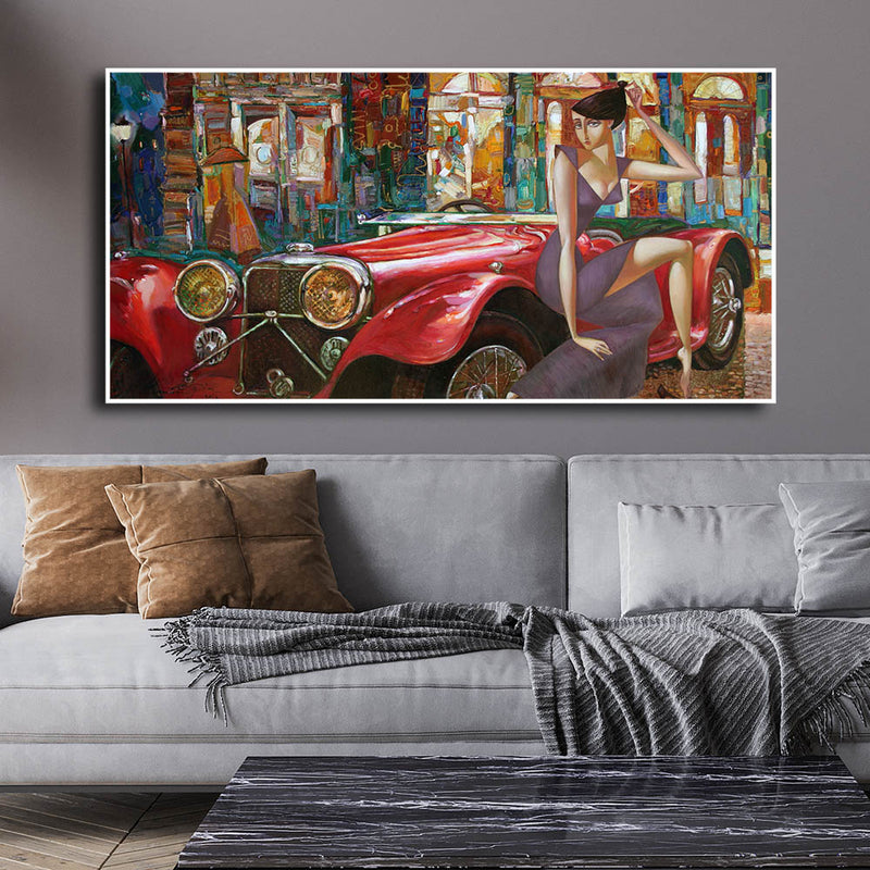 Girl With Car Abstract Floating Frame Canvas Wall Painting