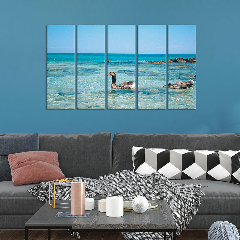 Duck In Water Canvas Wall Painting - With 5 Panel