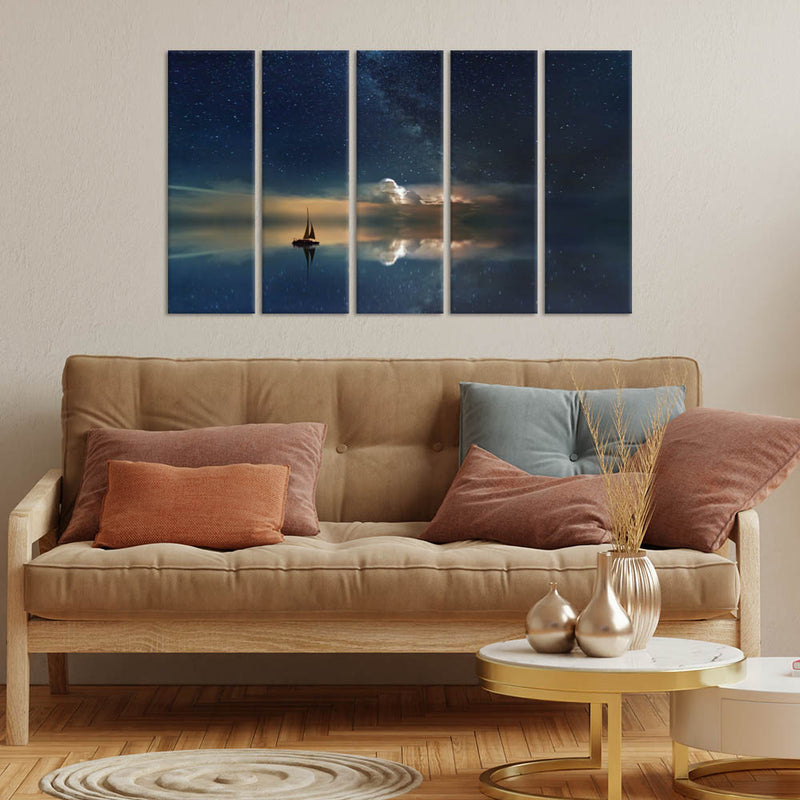 Galaxy Reflection In River Canvas Wall Painting - With 5 Panel