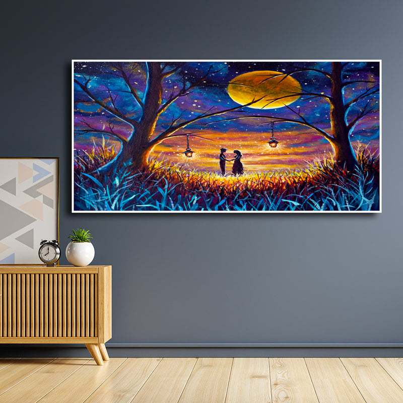 Couple In Forest At Night Under Moon Floating Frame Canvas Wall Painting