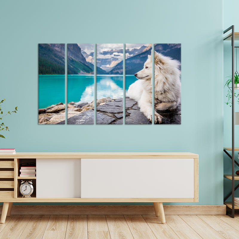 A White Dog Sitting On A Rock Canvas Wall Painting - With 5 Panel