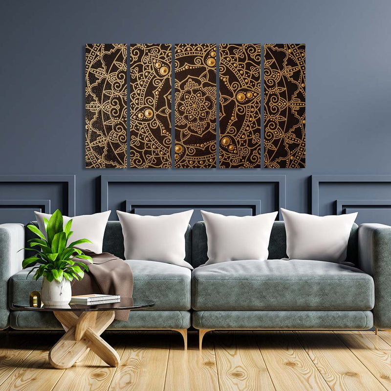 Golden Mandala Art Canvas Wall Painting - With 5 Panel