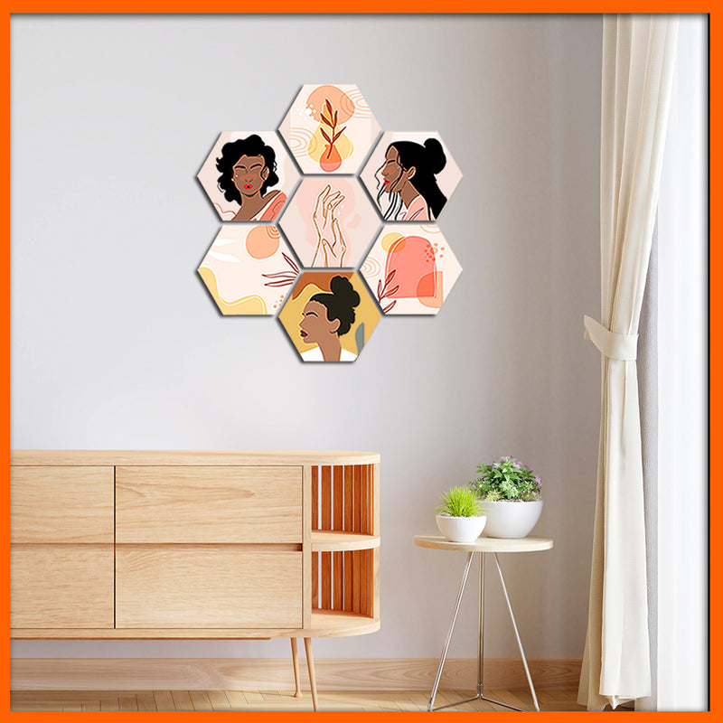 Multi Type Illustration Hexagonal Canvas Wall Painting - 7pcs