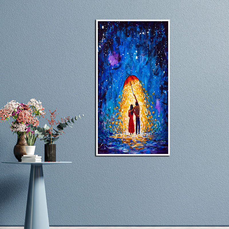 Couple Under Glowing Umbrella Illustration Floating Frame Canvas Wall Painting