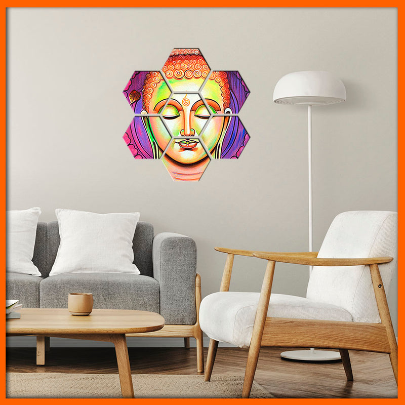 Acrylic Color Portrait Buddha Hexagonal Canvas Wall Painting - 7pcs