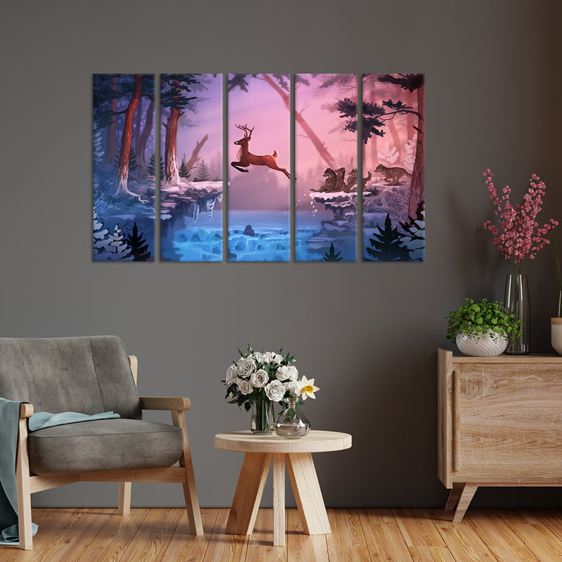 Abstract Deer Canvas Wall Painting - With 5 Panel