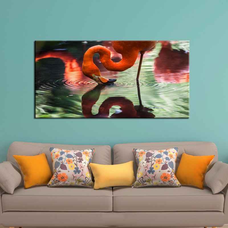 A Pink Flamingo Drinking Water Canvas Wall Painting