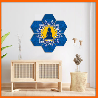 Buddha With Mandala Hexagonal Canvas Wall Painting - 7pcs