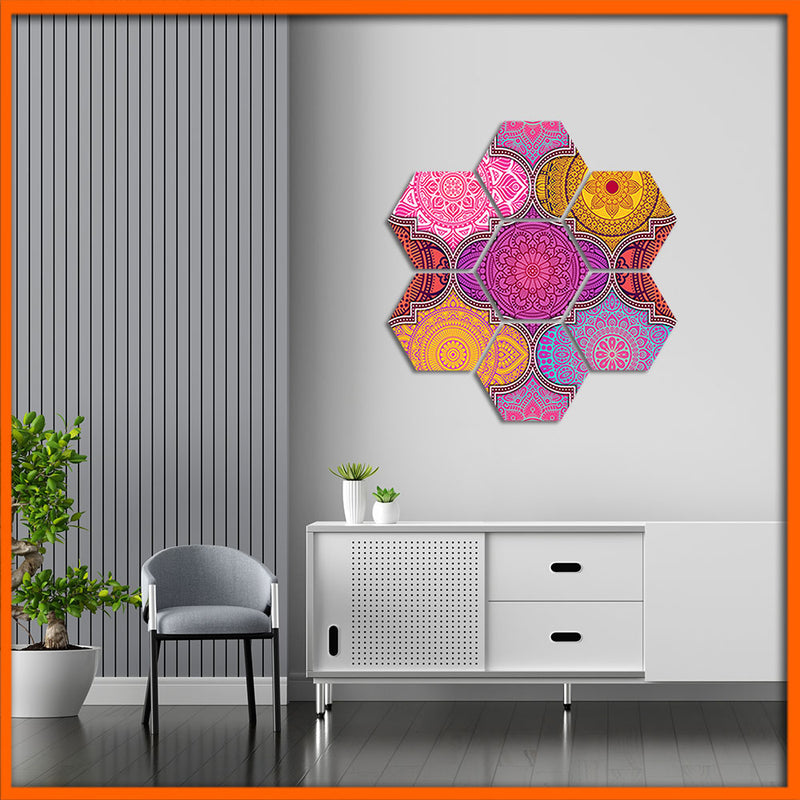 Colorful Mandala Art Hexagonal Canvas Wall Painting - 7pcs