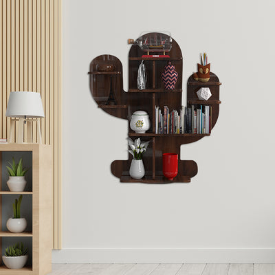 Cactus Shape Wood Wall Shelf / Book Shelf, Walnut Finish