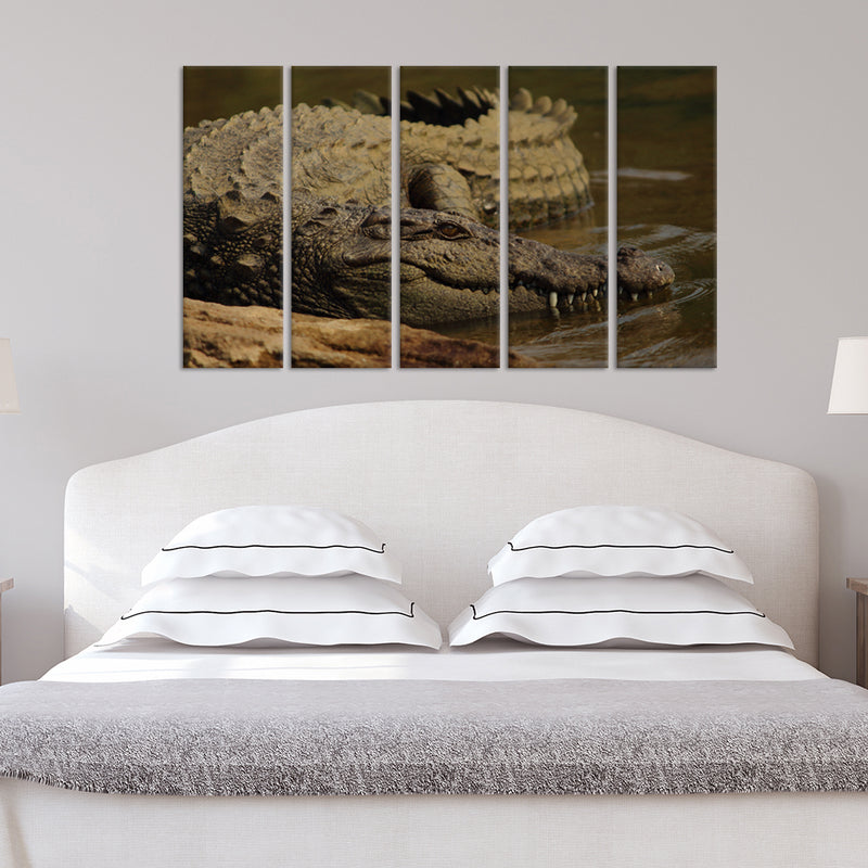 Crocodile In Water Canvas Wall Painting - With 5 Panel