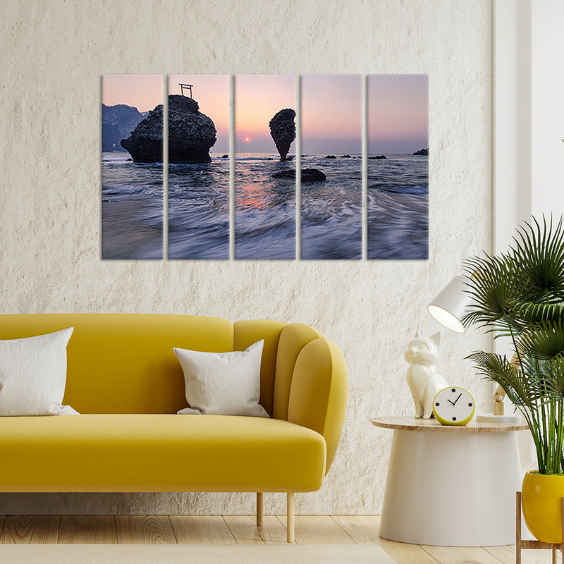 Huge Rock Sticking Out Of The Water Canvas Wall Painting - With 5 Panel