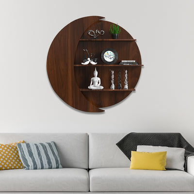 Moon Shape Wood Wall Shelf / Book Shelf, Walnut Finish