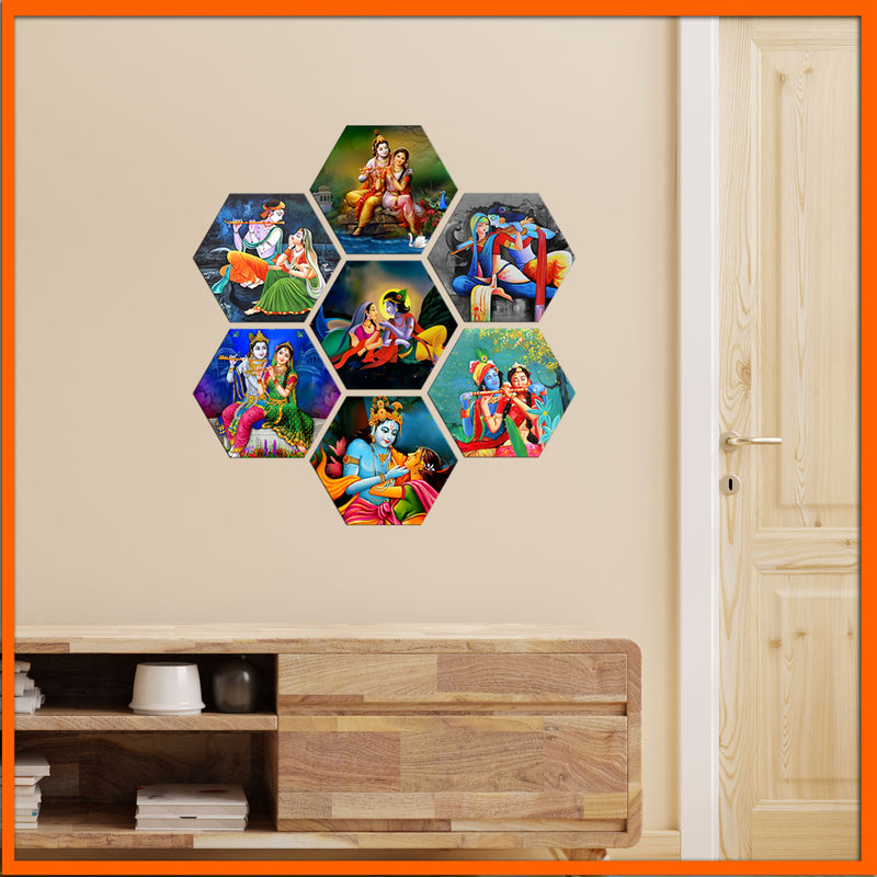 Multiple Radha Krishna Image Hexagonal Canvas Wall Painting - 7pcs