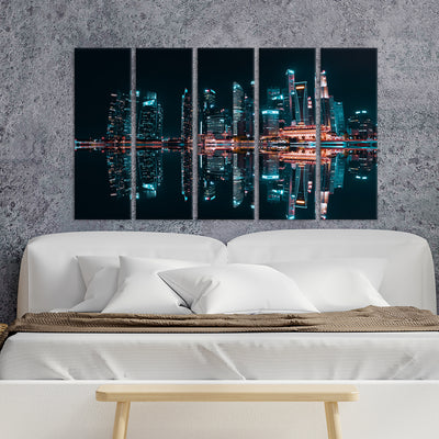 City Reflection At Night Canvas Wall Painting - With 5 Panel