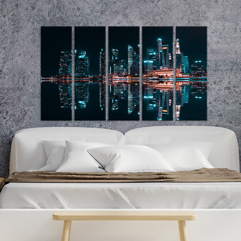 City Reflection At Night Canvas Wall Painting - With 5 Panel