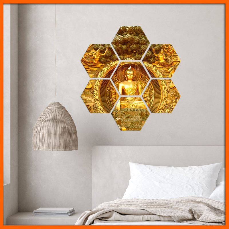 Golden Buddha Hexagonal Canvas Wall Painting - 7pcs