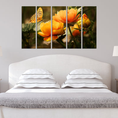 Butterfly Sitting On Flower Canvas Wall Painting - With 5 Panel