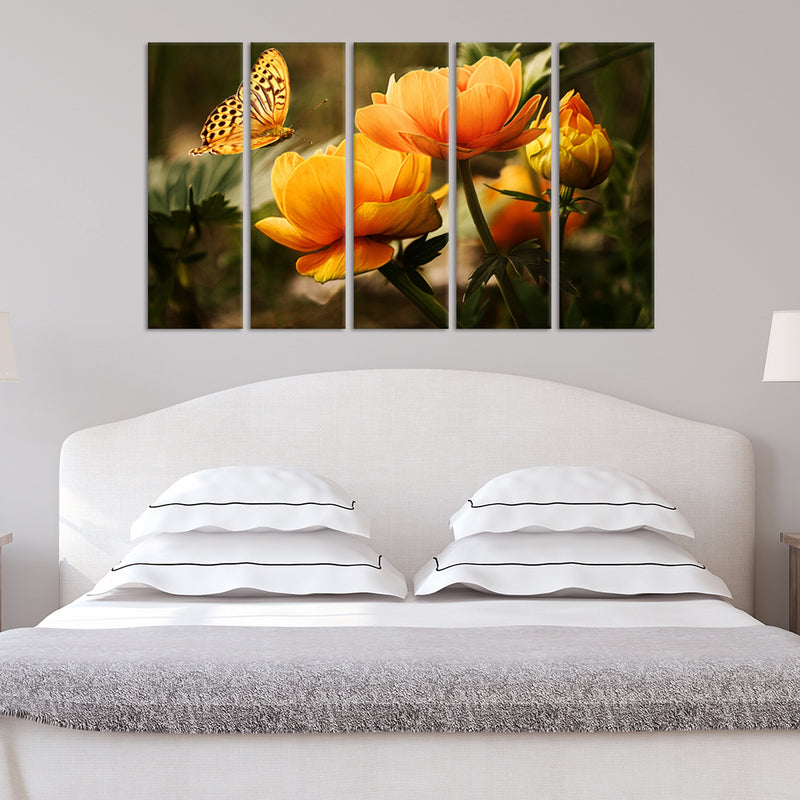 Butterfly Sitting On Flower Canvas Wall Painting - With 5 Panel