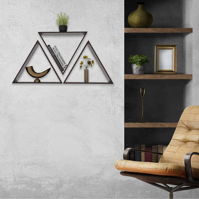 Beautiful Triangle Shape Set of 3 Wood Wall Shelf / Book Shelf, Walnut Finish