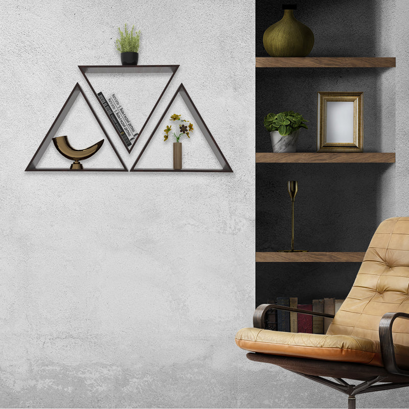 Beautiful Triangle Shape Set of 3 Wood Wall Shelf / Book Shelf, Walnut Finish