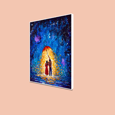 Couple Under Glowing Umbrella Illustration Floating Frame Canvas Wall Painting