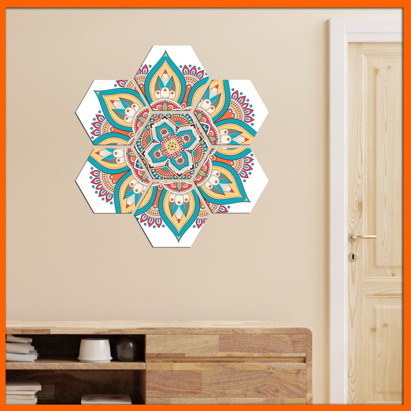 Flower Mandala Hexagonal Canvas Wall Painting - 7pcs