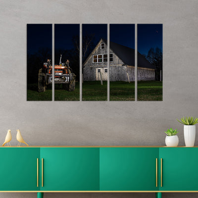 Hut With Jeep Canvas Wall Painting - With 5 Panel