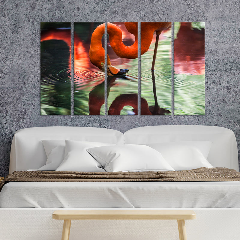 A Pink Flamingo Drinking Water Canvas Wall Painting - With 5 Panel