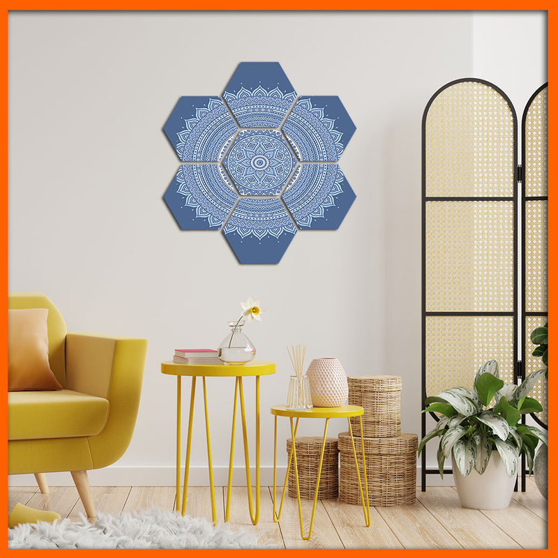 Blue Flower Mandala Hexagonal Canvas Wall Painting - 7pcs