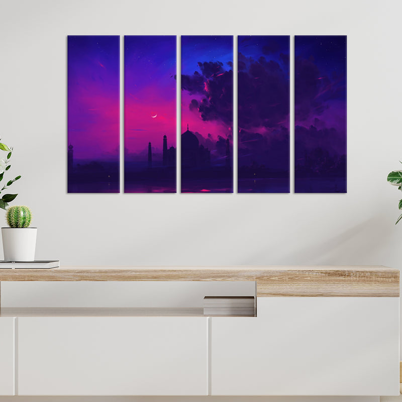 Abstract Painting Of Taj Mahal Canvas Wall Painting - With 5 Panel