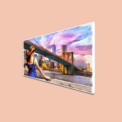 Girl Standing Into Brooklyn Bridge Canvas Floating Frame Painting