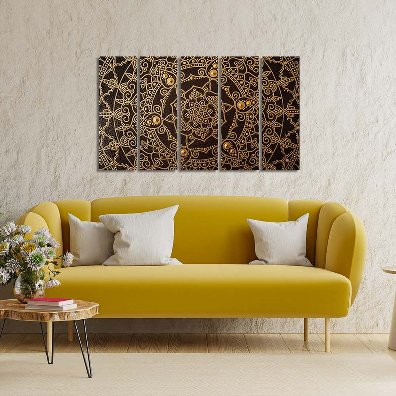 Golden Mandala Art Canvas Wall Painting - With 5 Panel