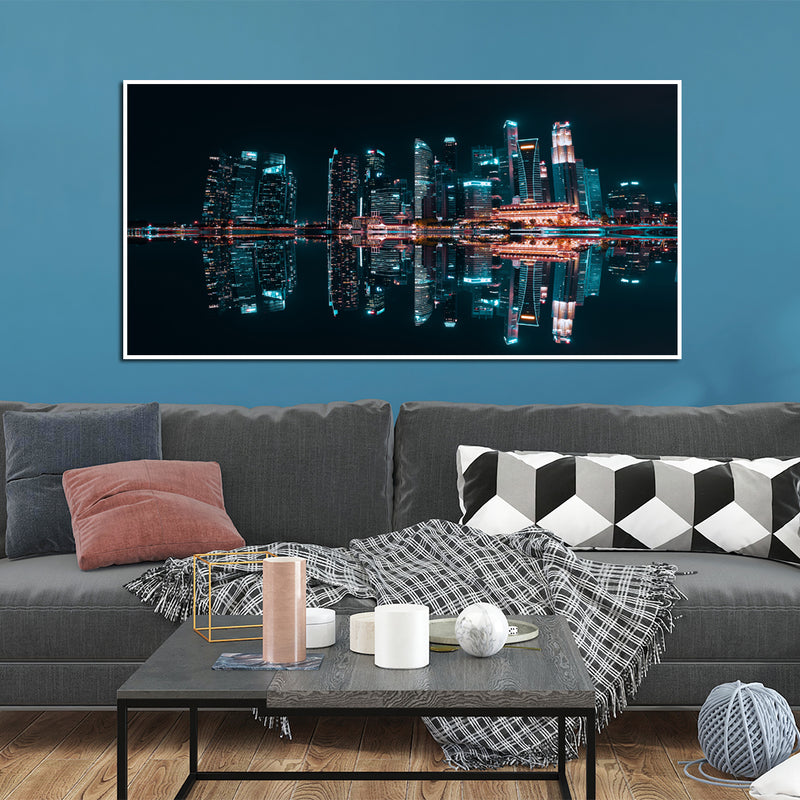 City Reflection At Night Canvas Floating Frame Wall Painting