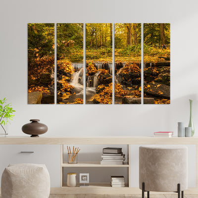 Autumn Season Waterfall Scenery Canvas Wall Painting - With 5 Panel